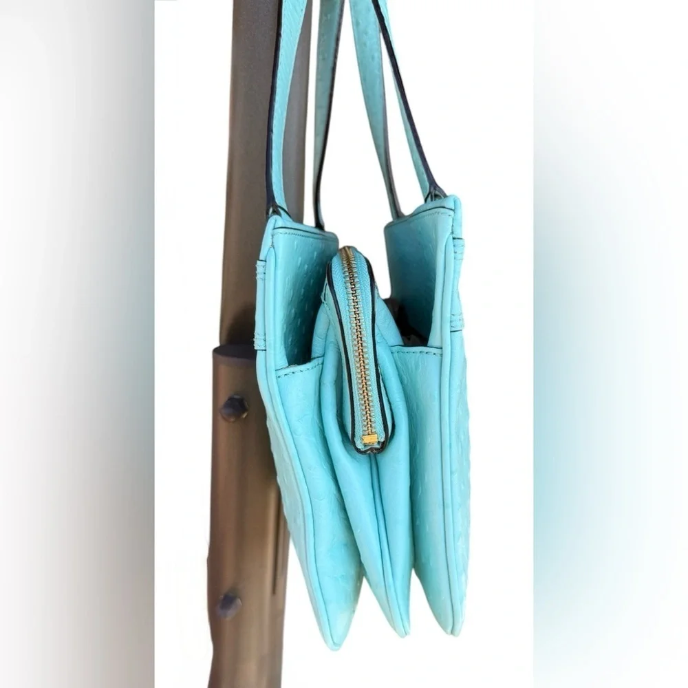 Kate Spade Robins Egg Blue Ostrich Design Embossed Leather W Bow Handbag 11x8 In